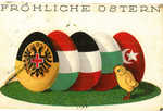 Chick at foot of country flag eggs
