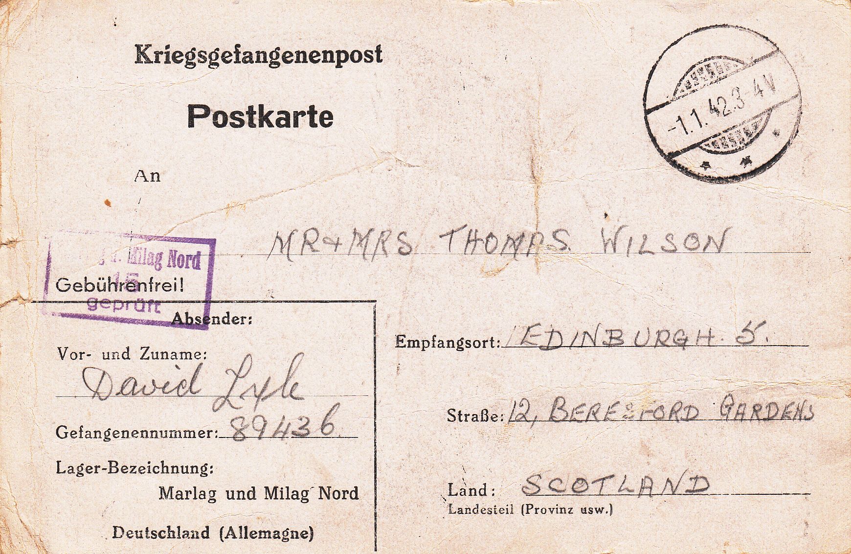 
1941;Germany;Stalag XB / Marlag ; WW II-Era Christmas POW Card