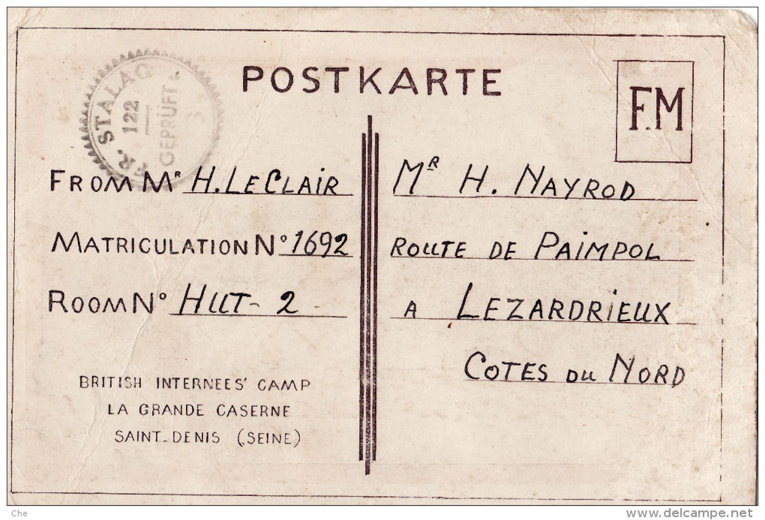 
1941;Germany;Internment Camp Saint-Denis; Silburn ; WW II-Era Christmas POW Card